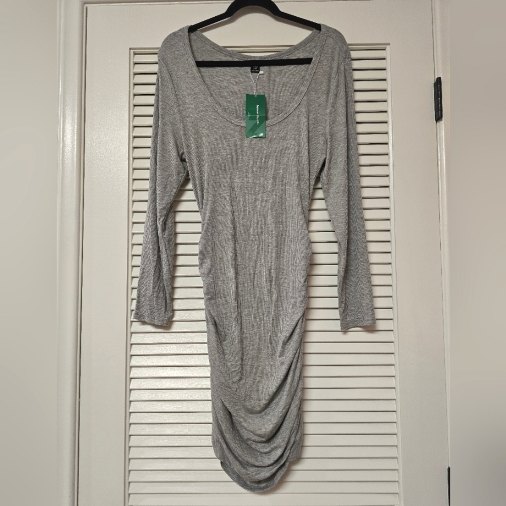 SHEIN - (NWT) (Plus-Size) Curve Grey Ribbed Long-Sleeve Dress With Ruched Side